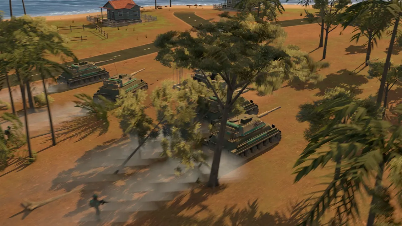 In-game capture: a column of tanks rolls out through the palms in low evening light